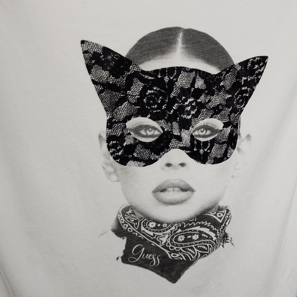 NWOT, Guess Eco,.Black and White Cat Mask Tee. 100% Organic Cotton . Size Medium